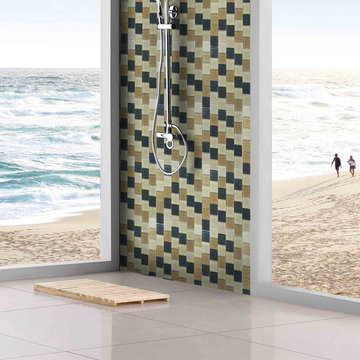 Open Shower Room With Amazonia 2X2 Glass Tile Backsplash