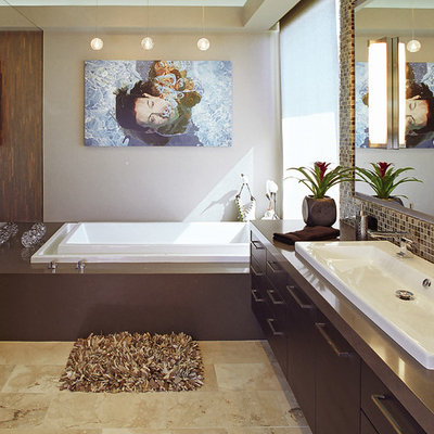 Bathroom - contemporary bathroom idea in Los Angeles with a trough sink and brown countertops