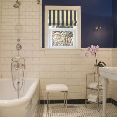 Inspiration for a timeless white tile and subway tile bathroom remodel in San Francisco with a console sink