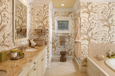 Contemporary bathroom in DC Metro with a submerged sink, an alcove bath, a corner shower, beige tiles, ceramic tiles, beige walls and ceramic flooring.