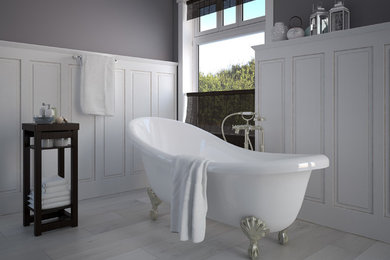 Inspiration for a large victorian master light wood floor and gray floor claw-foot bathtub remodel in Philadelphia with raised-panel cabinets, white cabinets and gray walls
