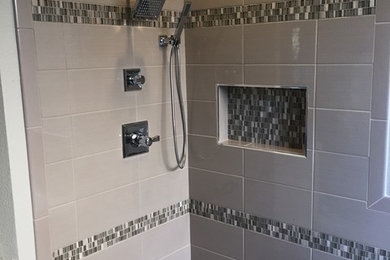 Bathroom - contemporary beige tile bathroom idea in Dallas