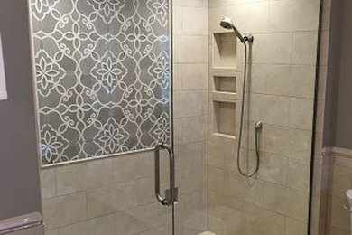 Mid-sized transitional 3/4 ceramic tile alcove shower photo in Minneapolis with a two-piece toilet
