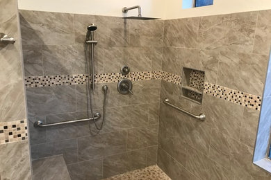 Photo of a medium sized classic shower room bathroom in Phoenix with shaker cabinets, black cabinets, grey walls, cement flooring, a submerged sink, marble worktops, grey floors and white worktops.