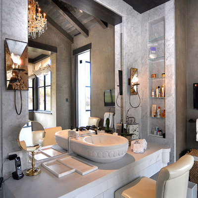 Bathroom - large rustic master gray tile, white tile and marble tile marble floor and multicolored floor bathroom idea in Denver with beige walls and a hinged shower door