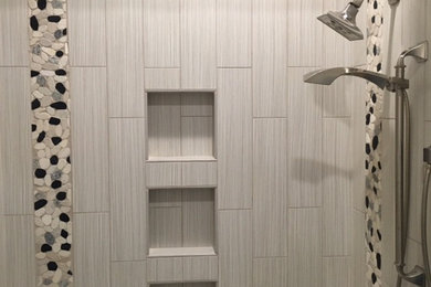 Mid-sized transitional master gray tile and porcelain tile bathroom photo in Other
