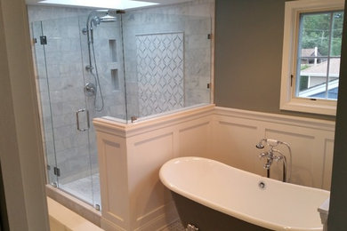 Large minimalist master white tile and marble tile mosaic tile floor and white floor bathroom photo in Chicago with flat-panel cabinets, white cabinets, a two-piece toilet, gray walls, an undermount sink, quartz countertops and a hinged shower door