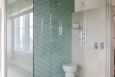 Inspiration for a large timeless master blue tile and glass tile marble floor corner shower remodel in Boston with beige walls