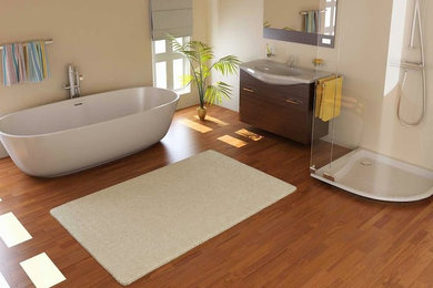 Example of a mid-sized trendy 3/4 medium tone wood floor bathroom design in Oklahoma City with an integrated sink, flat-panel cabinets, medium tone wood cabinets, granite countertops and beige walls