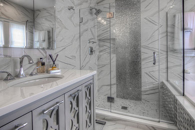 Bathroom - mid-sized transitional master white tile, gray tile and metal tile bathroom idea in New York with furniture-like cabinets, gray cabinets, an undermount sink and quartz countertops