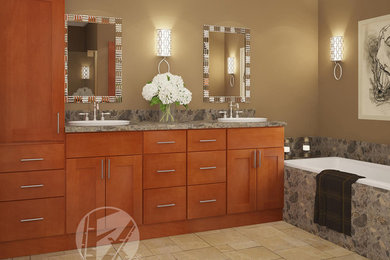 Diseño de cuarto de baño principal clásico renovado de tamaño medio con armarios con paneles lisos, puertas de armario de madera clara, bañera encastrada, paredes marrones, suelo de baldosas de porcelana, lavabo encastrado y encimera de granito