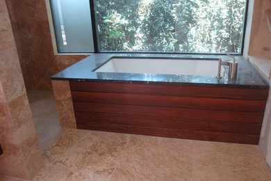 Drop-in bathtub - large contemporary master beige tile limestone floor drop-in bathtub idea in Dallas