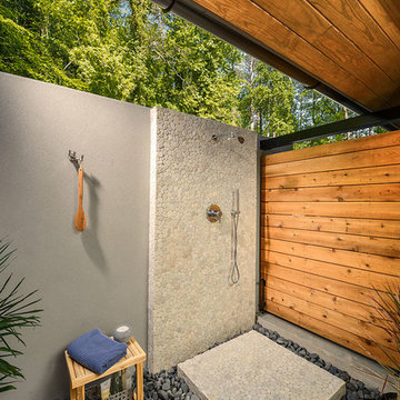 Outdoor shower from master bath with doors closed