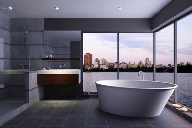 Photo of a modern bathroom in Dallas with a freestanding bath.