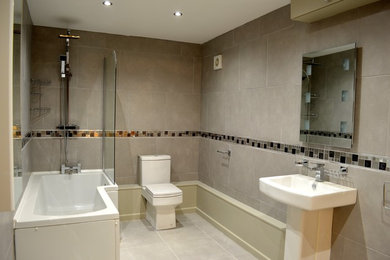 Inspiration for a large contemporary bathroom in Other with grey walls and ceramic flooring.