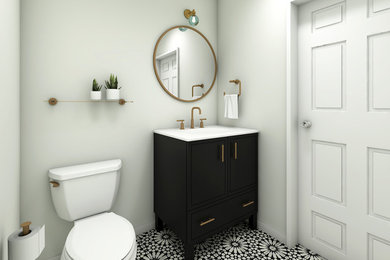 Diseño de cuarto de baño contemporáneo con puertas de armario negras, sanitario de dos piezas, paredes blancas, suelo de azulejos de cemento y lavabo integrado