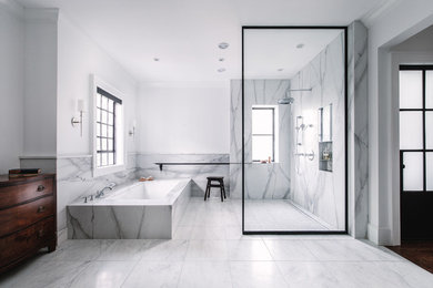 Bathroom - large modern master white tile and marble tile marble floor, white floor and double-sink bathroom idea in Atlanta with brown cabinets, an undermount tub, an undermount sink, marble countertops, white countertops and a built-in vanity