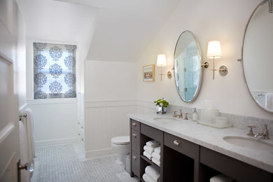 Example of a mid-sized trendy master gray tile, multicolored tile and white tile marble floor bathroom design in San Francisco with furniture-like cabinets, dark wood cabinets, a two-piece toilet, white walls, an undermount sink and marble countertops