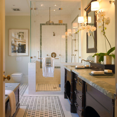 Example of a classic mosaic tile bathroom design in San Francisco with a wall-mount toilet