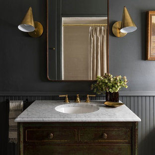 Inspiration for a timeless bathroom remodel in Seattle with furniture-like cabinets, distressed cabinets, gray walls, an undermount sink and white countertops