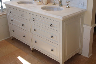 Mid-sized elegant master white tile bathroom photo in Burlington with beaded inset cabinets, white cabinets and marble countertops