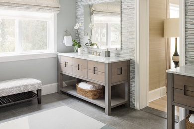 Bathroom - large transitional master gray tile and matchstick tile gray floor and porcelain tile bathroom idea in DC Metro with medium tone wood cabinets, gray walls, an undermount sink, white countertops, marble countertops and flat-panel cabinets