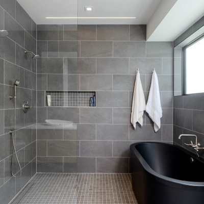Inspiration for a mid-sized contemporary gray tile mosaic tile floor and gray floor bathroom remodel in Seattle with white walls