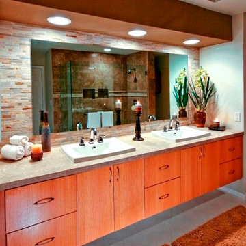 Palm Desert Contemporary Bath with Rift-Cut Oak Floating Cabinets