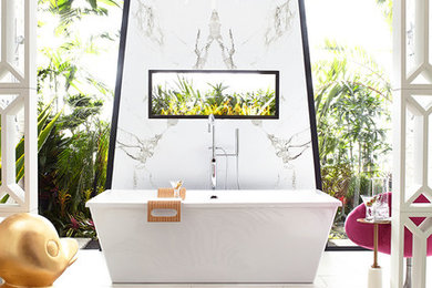 Freestanding bathtub - large modern master white tile freestanding bathtub idea in Seattle with solid surface countertops