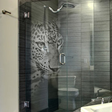 'Panther' Glass Shower Door 3D Laser Design to Accent Dark Interior