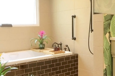 Bathroom - mid-sized tropical master pebble tile floor and beige floor bathroom idea in San Francisco with quartz countertops