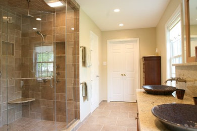 Large asian master gray tile and ceramic tile ceramic tile and beige floor corner shower photo in DC Metro with light wood cabinets, beige walls, quartz countertops, a hinged shower door, white countertops and a vessel sink