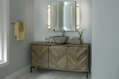 Mid-sized trendy 3/4 beige floor bathroom photo in Salt Lake City with flat-panel cabinets, medium tone wood cabinets, gray walls, a vessel sink, wood countertops and brown countertops