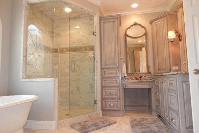Large elegant master multicolored tile and stone tile marble floor and white floor bathroom photo in Birmingham with raised-panel cabinets, gray cabinets, a two-piece toilet, beige walls, an undermount sink, granite countertops and a hinged shower door