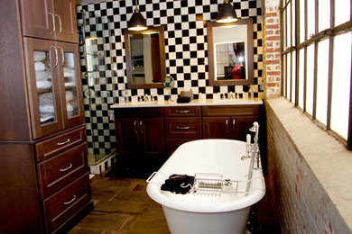 Small 1950s master black and white tile and ceramic tile ceramic tile and brown floor corner shower photo in Other with recessed-panel cabinets, dark wood cabinets, multicolored walls, an undermount sink, marble countertops and a hinged shower door