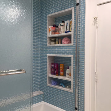 Pennsylvania Residence: Blue Subway Tile and Green Stained Glass Tile Bathrooms
