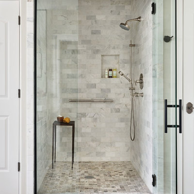 Bathroom - large transitional master white tile and marble tile bathroom idea in Portland with furniture-like cabinets, black cabinets, a two-piece toilet, white walls, a console sink, marble countertops and white countertops