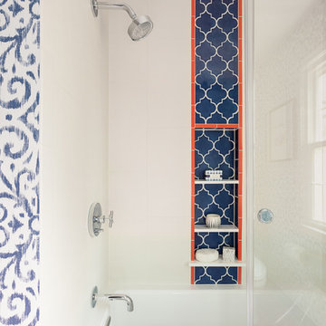 Peppy Shower Niche with Blue Accent Tile and Orange Trim