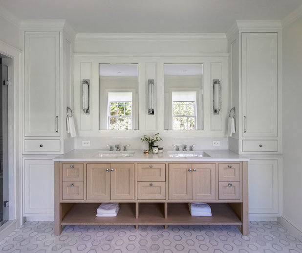 10 Bathrooms With White-and-Wood Double Vanities