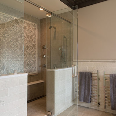 Example of a huge classic master mosaic tile and beige tile doorless shower design in Boston with a hinged shower door