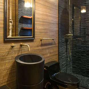 Design ideas for a mid-sized modern 3/4 bathroom in Denver with black tile, beige walls, light hardwood floors, a pedestal sink, an alcove shower, a one-piece toilet, matchstick tile and zinc benchtops.