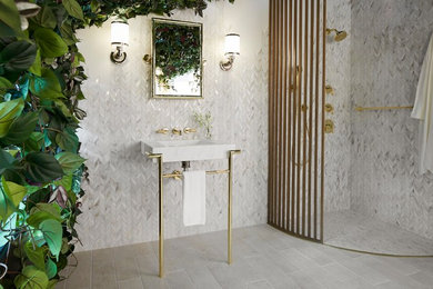 Inspiration for a large transitional master white tile white floor bathroom remodel in New York with a console sink and white walls