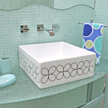 Platinum Cloverleaf Painted Vessel Sink in Blue Mosaic Bathroom