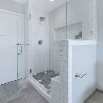 Shower Remodel with White Subway Tile and Grey Grout