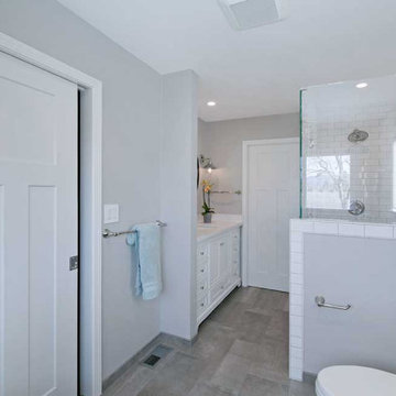 Transitional Primary Bathroom Remodel with Gray Walls