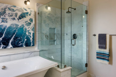 Medium sized contemporary ensuite bathroom in San Diego with a freestanding bath, a corner shower, white walls, marble flooring, recessed-panel cabinets, medium wood cabinets, white tiles, ceramic tiles, a built-in sink and marble worktops.