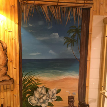 Polynesian Themed Mural thoughout a bathroom, hand-painted by Tom Taylor