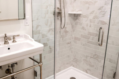 ボルチモアにあるトランジショナルスタイルのおしゃれな浴室 (コーナー設置型シャワー、セメントタイルの床、開き戸のシャワー、洗面台1つ) の写真