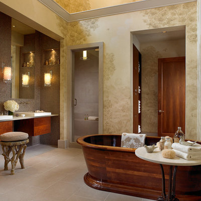 Freestanding bathtub - contemporary mosaic tile freestanding bathtub idea in Nashville