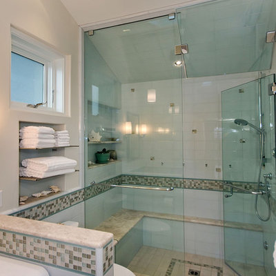 Example of a trendy multicolored tile and mosaic tile alcove shower design in San Francisco